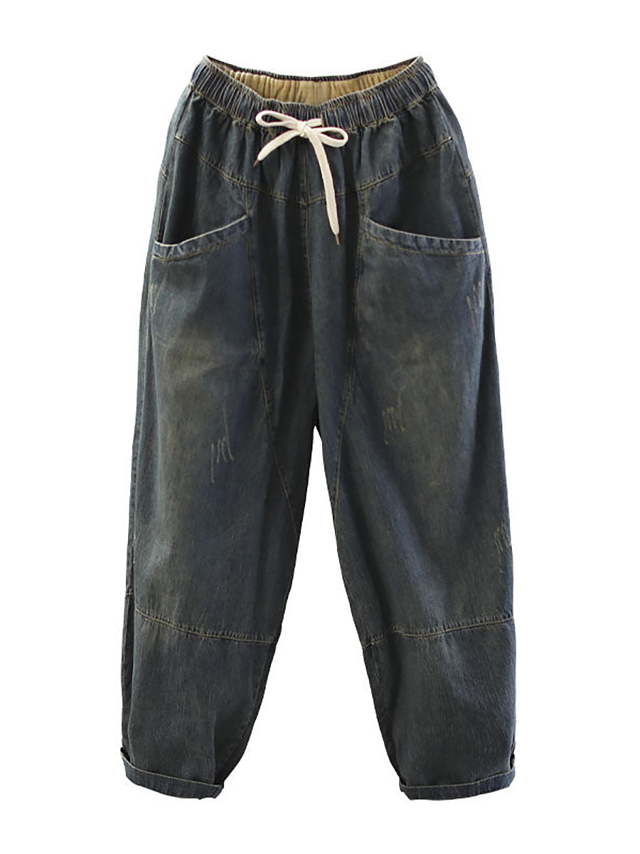 Große Größen Vintage Lockere Jeans mit elastischer Taille und gespleißtem Distressed-Denim