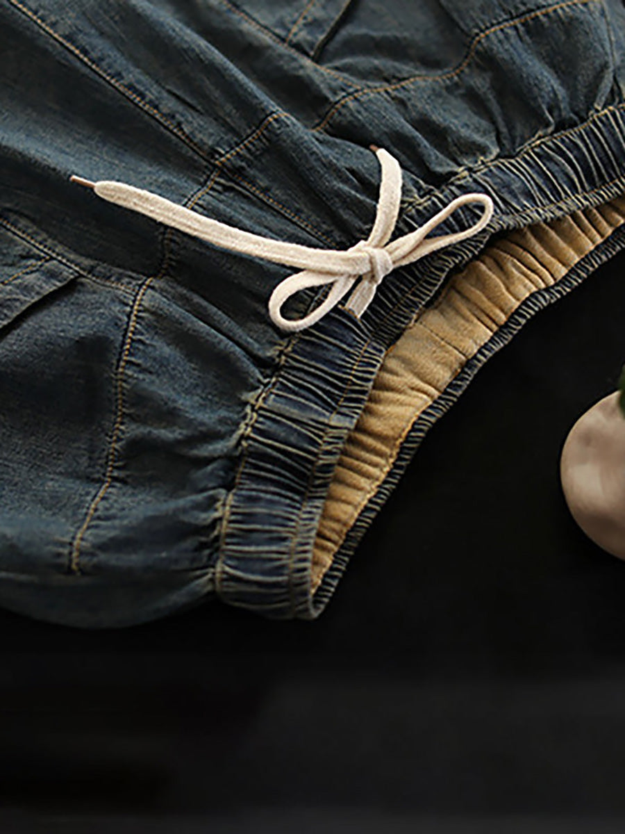 Große Größen Vintage Lockere Jeans mit elastischer Taille und gespleißtem Distressed-Denim