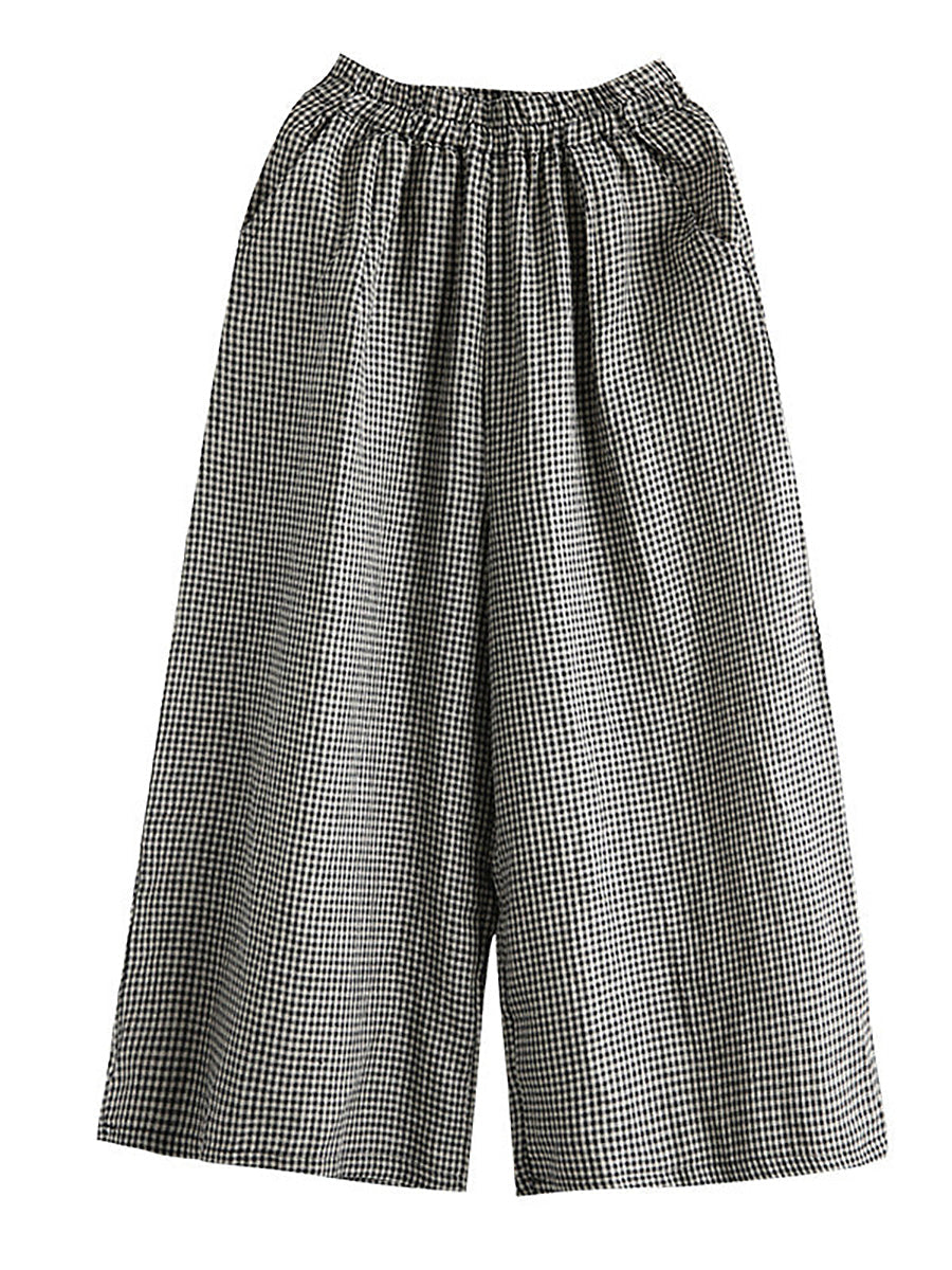 Lässige, karierte Hose aus Leinen-Baumwolle mit weitem Bein für Damen in Übergröße