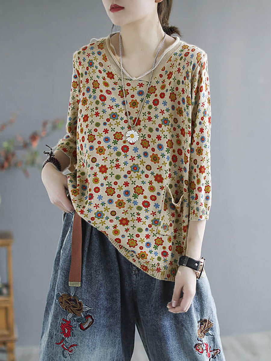 Übergröße - Gestrickter Pullover mit Taschen und Blumenmuster für den Frühling