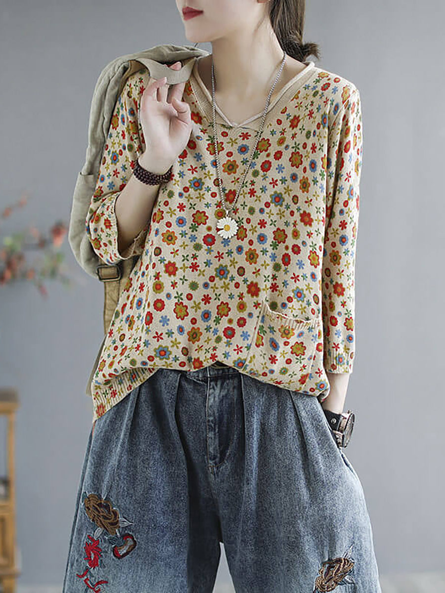 Übergröße - Gestrickter Pullover mit Taschen und Blumenmuster für den Frühling