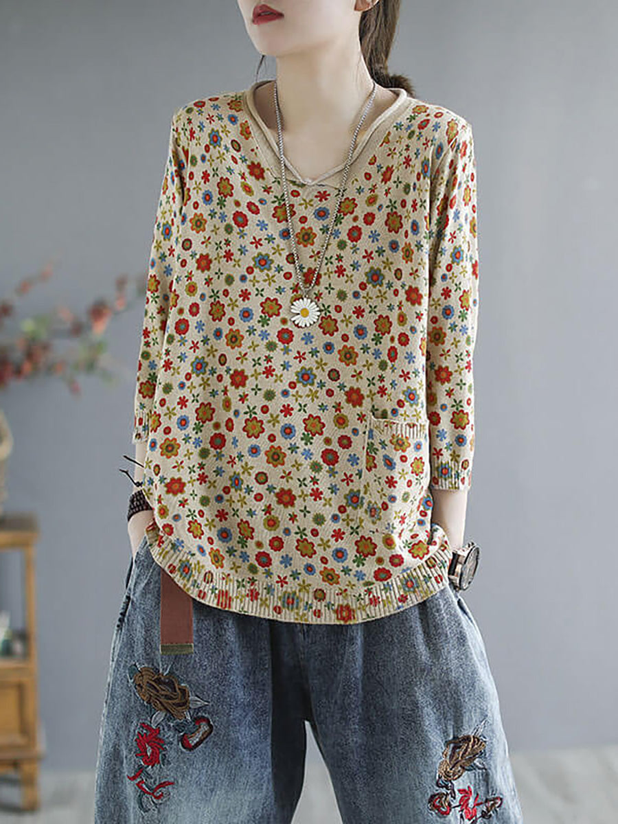 Übergröße - Gestrickter Pullover mit Taschen und Blumenmuster für den Frühling