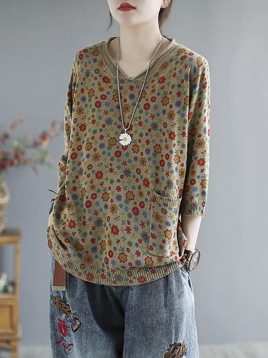 Übergröße - Gestrickter Pullover mit Taschen und Blumenmuster für den Frühling