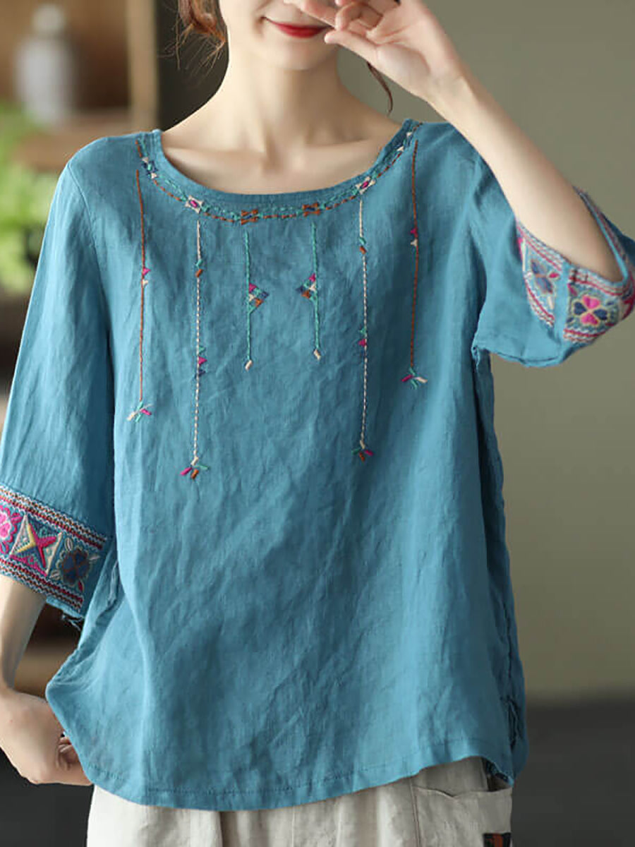 Große Größen Damen Leinen Vintage besticktes T-Shirt