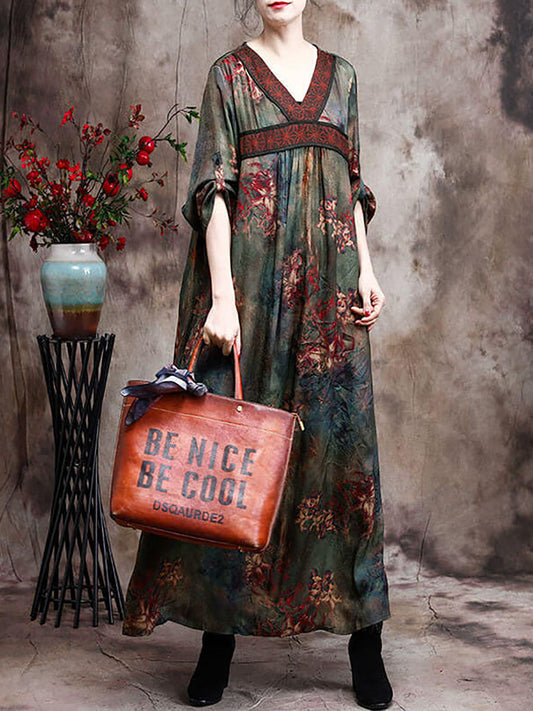 Übergröße Damen Retro Viskose Maxikleider mit Blumen