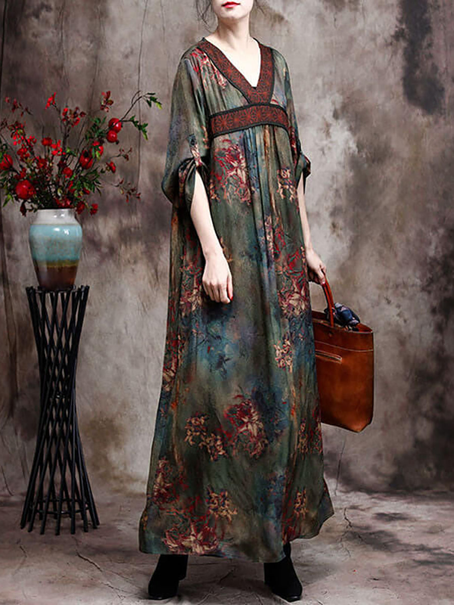 Übergröße Damen Retro Viskose Maxikleider mit Blumen