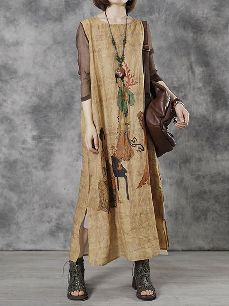 Übergröße Damen Vintage Lässiges Maxikleid mit O-Ausschnitt