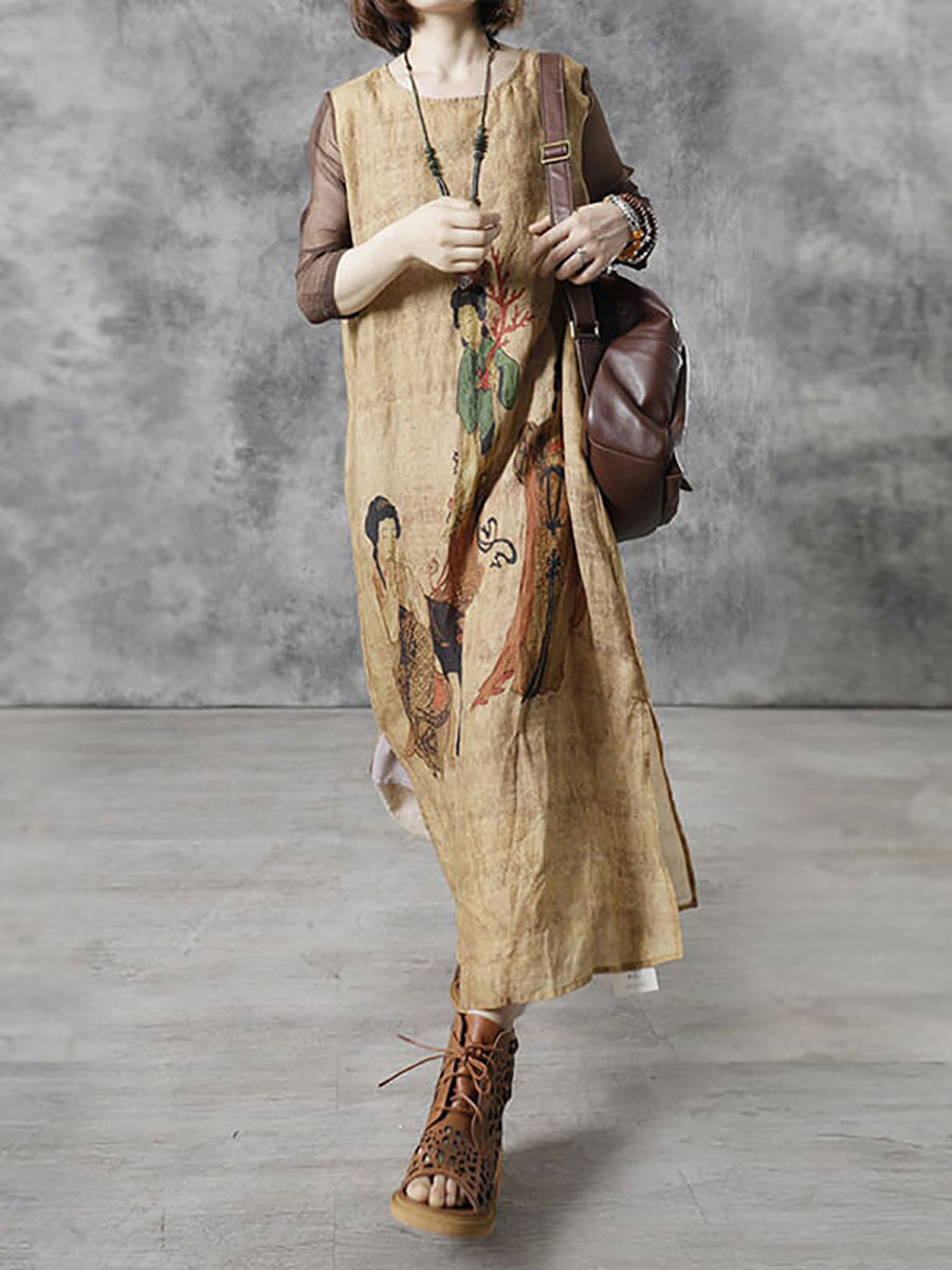 Übergröße Damen Vintage Lässiges Maxikleid mit O-Ausschnitt