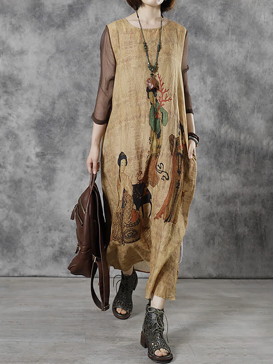 Übergröße Damen Vintage Lässiges Maxikleid mit O-Ausschnitt