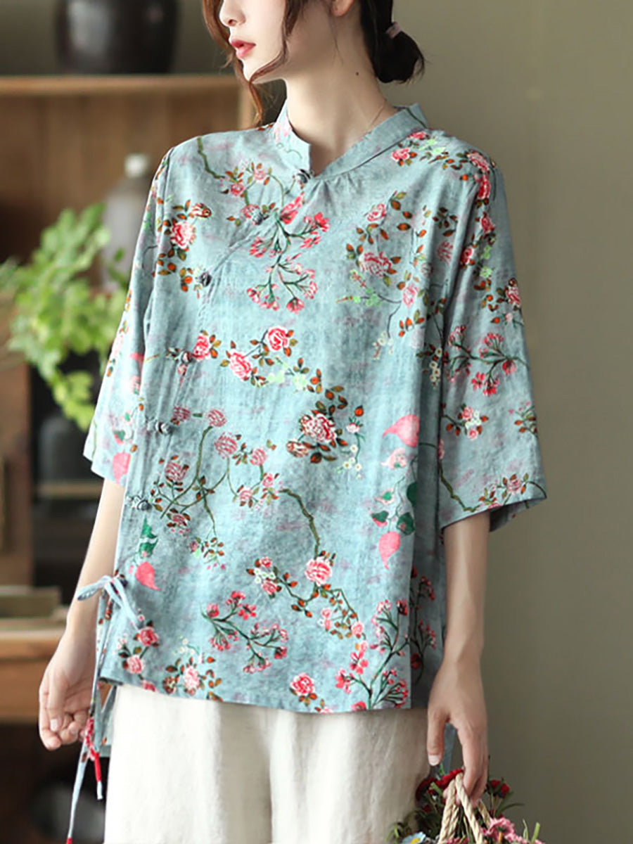 Große Größen - Baumwoll-Leinen-Hemd mit unregelmäßigem Blumenmuster im Vintage-Stil