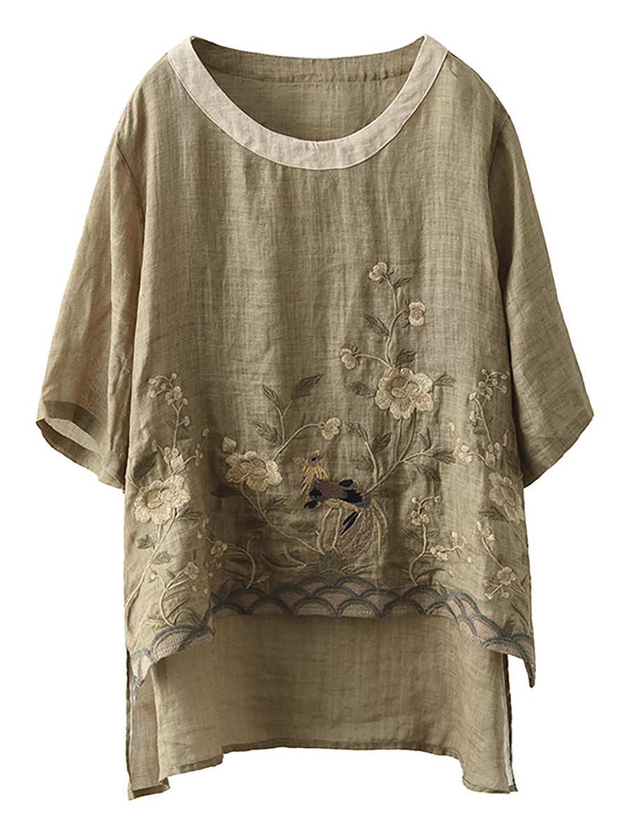 Lässiges Ramie-T-Shirt mit Stickerei für Damen in Übergröße