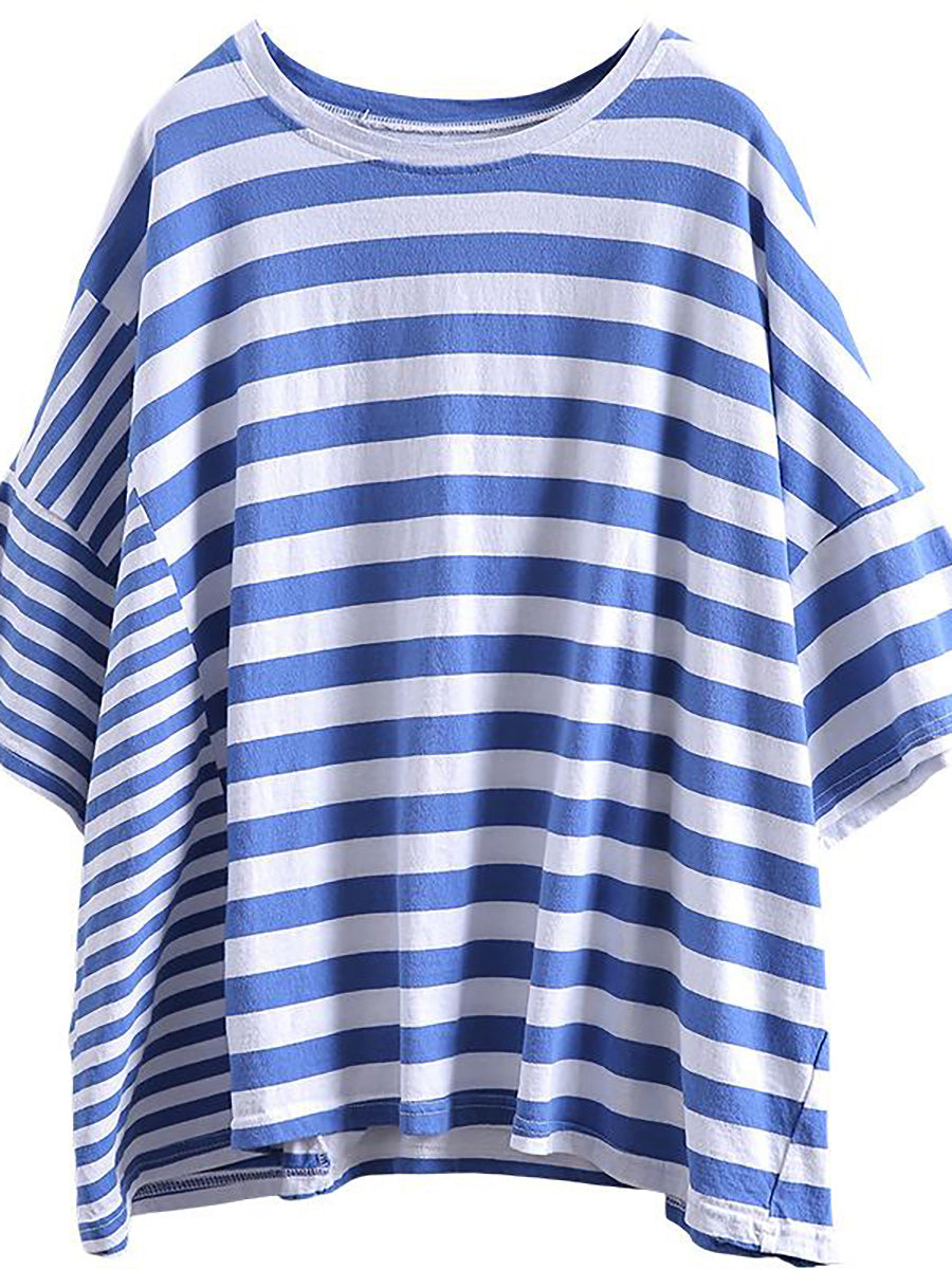 Übergröße - Buykud 100 % Baumwolle, gestreiftes Freizeit-T-Shirt