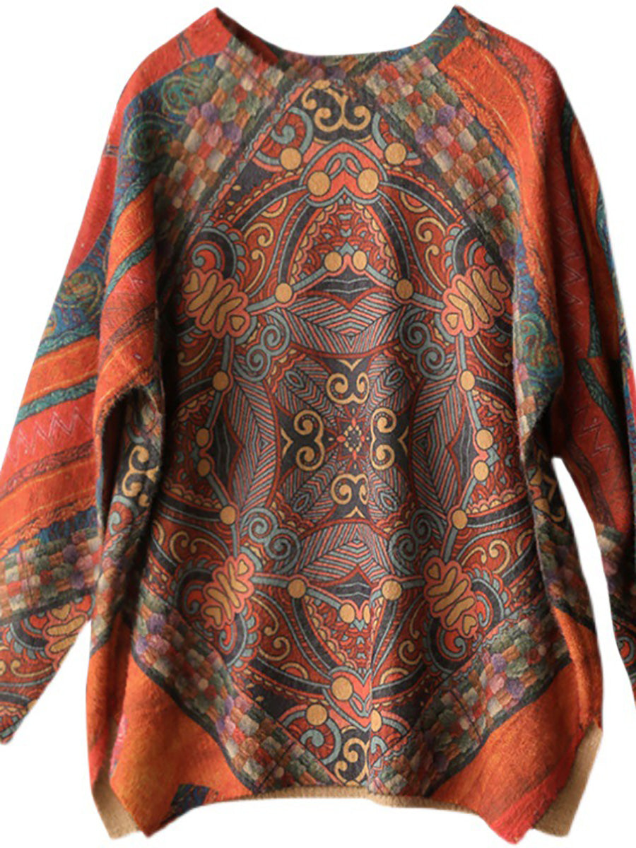 Übergröße Damen Vintage Bedruckter Pullover mit Rundhalsausschnitt und langen Ärmeln