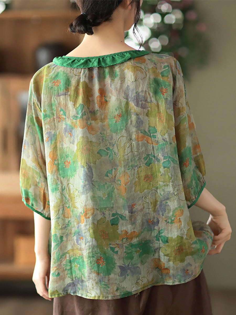 Plus Size Floral Ramie Vintage Sommer Damen Shirt