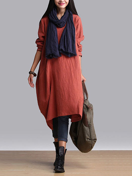 Plus Size Damen Herbst Lässiges, einfarbiges, lockeres Kleid