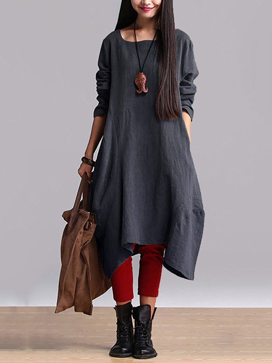 Plus Size Damen Herbst Lässiges, einfarbiges, lockeres Kleid