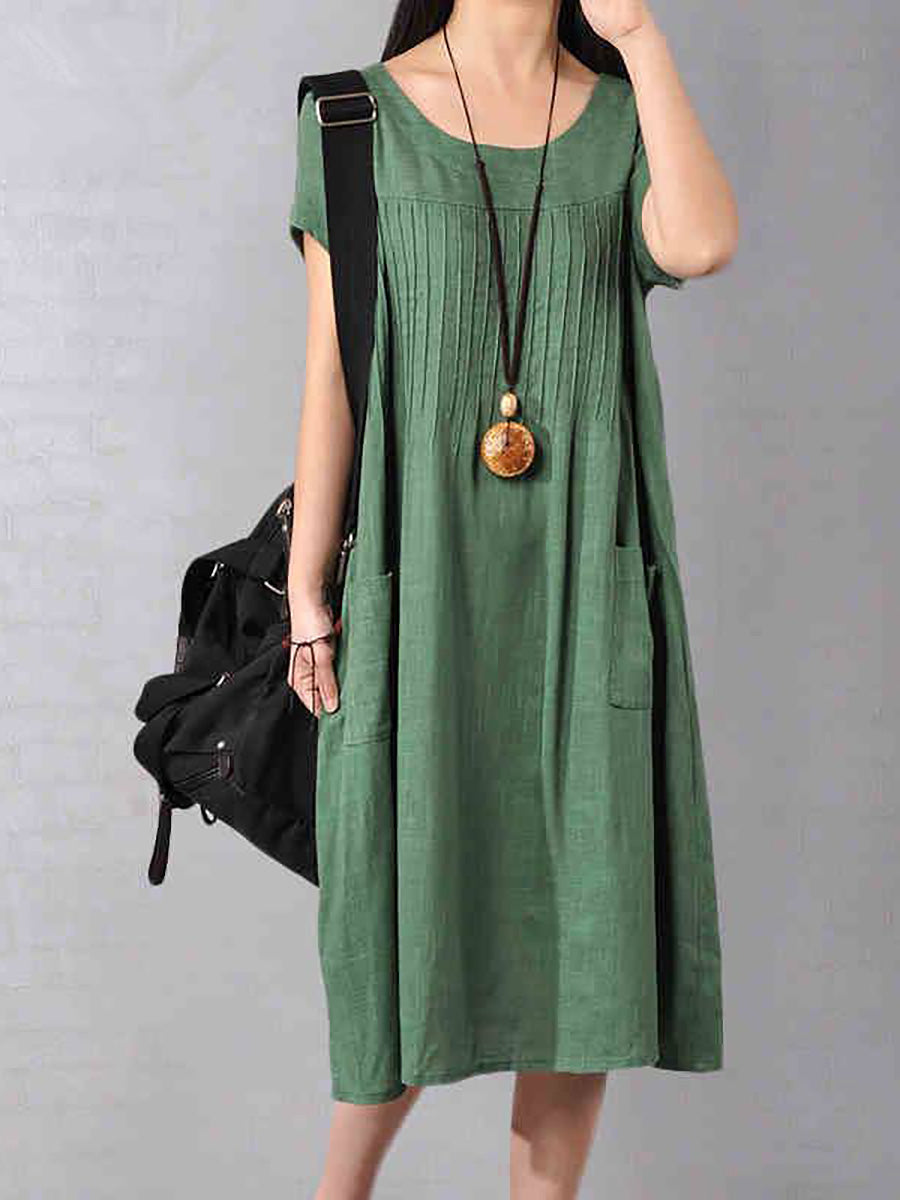 Locker sitzendes Kleid aus Baumwollleinen für Damen in Grün