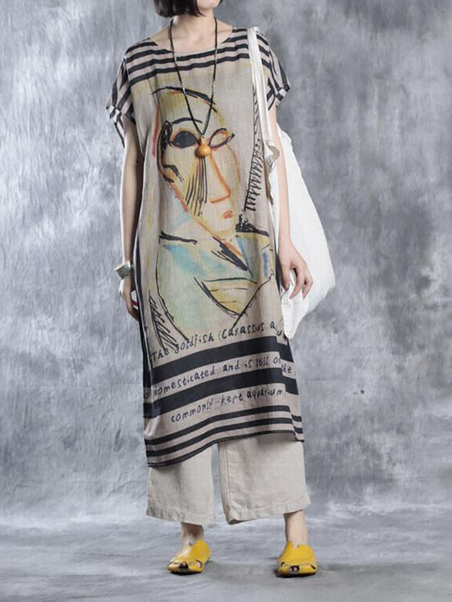 Lockeres Sommerkleid mit Rundhalsausschnitt und Vintage-Print in Übergröße für Damen