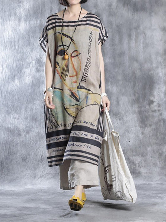 Lockeres Sommerkleid mit Rundhalsausschnitt und Vintage-Print in Übergröße für Damen