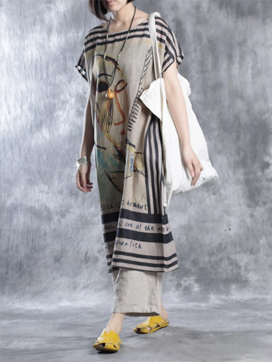 Lockeres Sommerkleid mit Rundhalsausschnitt und Vintage-Print in Übergröße für Damen
