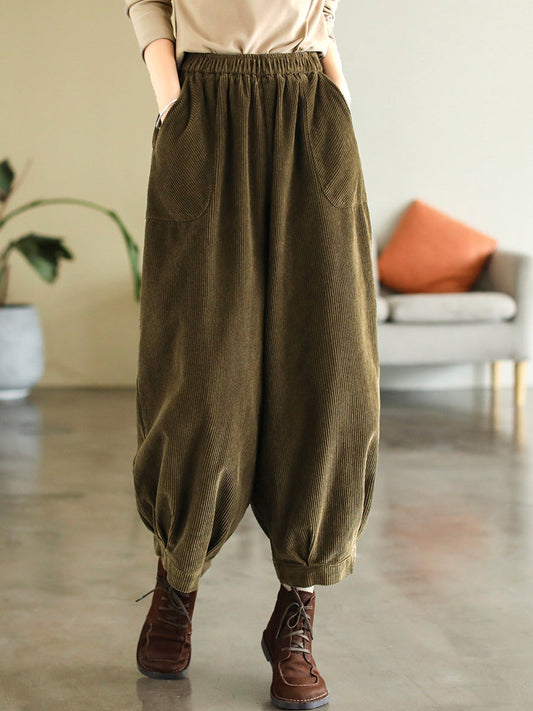 Übergröße Damen Vintage Cordhose in reiner Farbe, lockere Haremshose