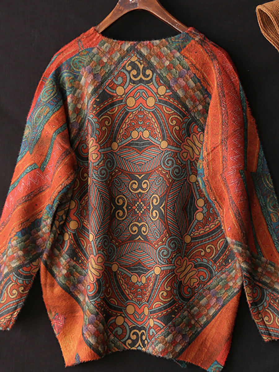 Übergröße Damen Vintage Bedruckter Pullover mit Rundhalsausschnitt und langen Ärmeln