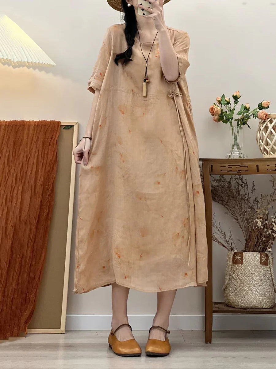 Übergröße Damen Rerto Sommer Print Lockeres Reise Ramie Kleid