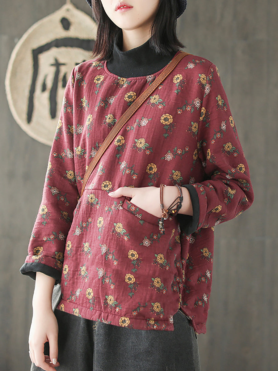 Plus Size Vintage Blumen Halbhoher Kragen Gespleißtes Baumwollhemd