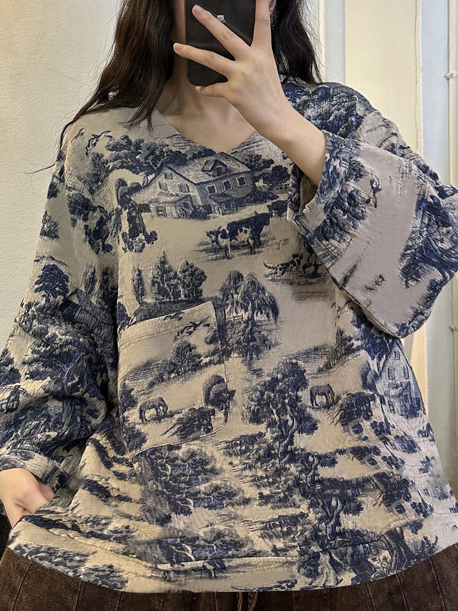 Langarmshirt mit V-Ausschnitt und Vintage-Print für Damen in Übergröße